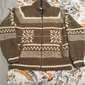 Land’s End Wool Full Zip Men's Brown and Cream Sweater Large New Without tags